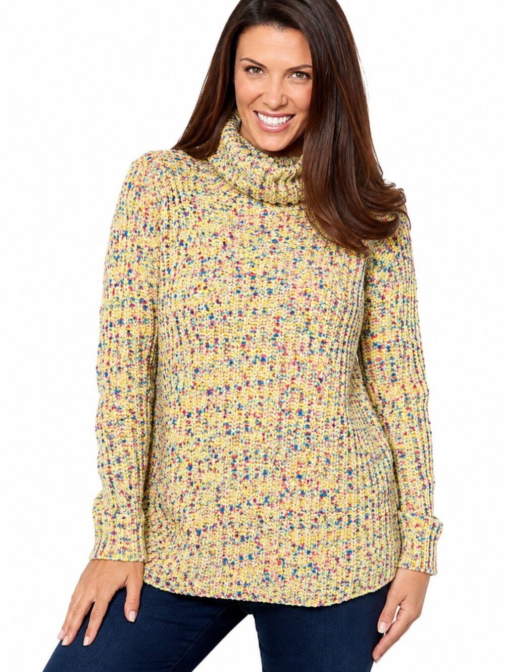 Logo Turtleneck Speckled yelloe Chenille Cowl Neck Knit Sweater